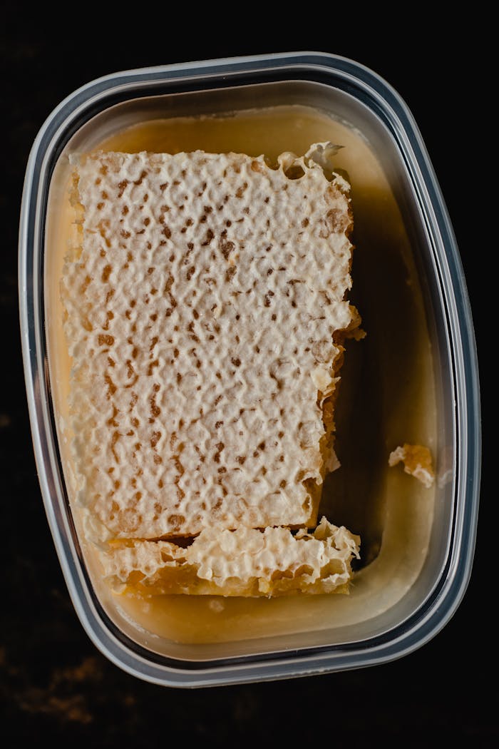 services-04 Top view of a fresh honeycomb in a plastic container, sweet and nutritious.